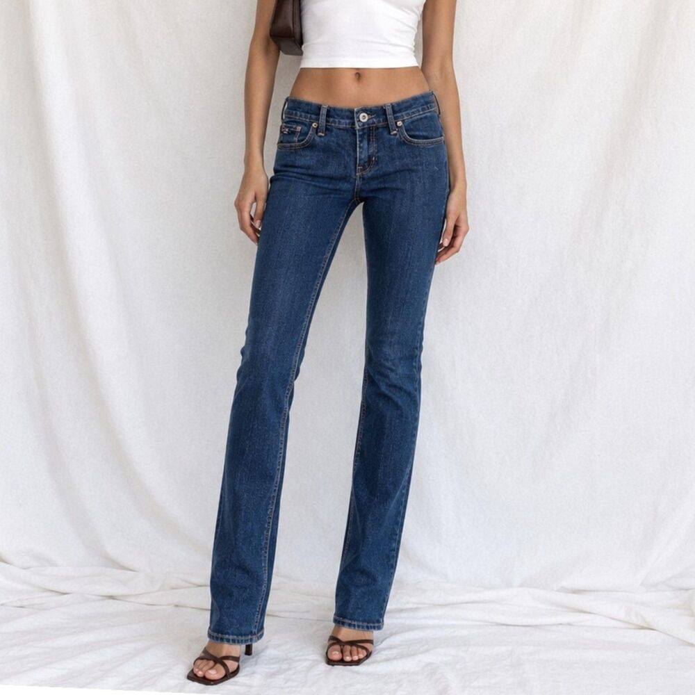 Vintage Y2K Dark Wash Blue Straight Slim Leg Low Mid Rise Denim Jeans XXS/XS